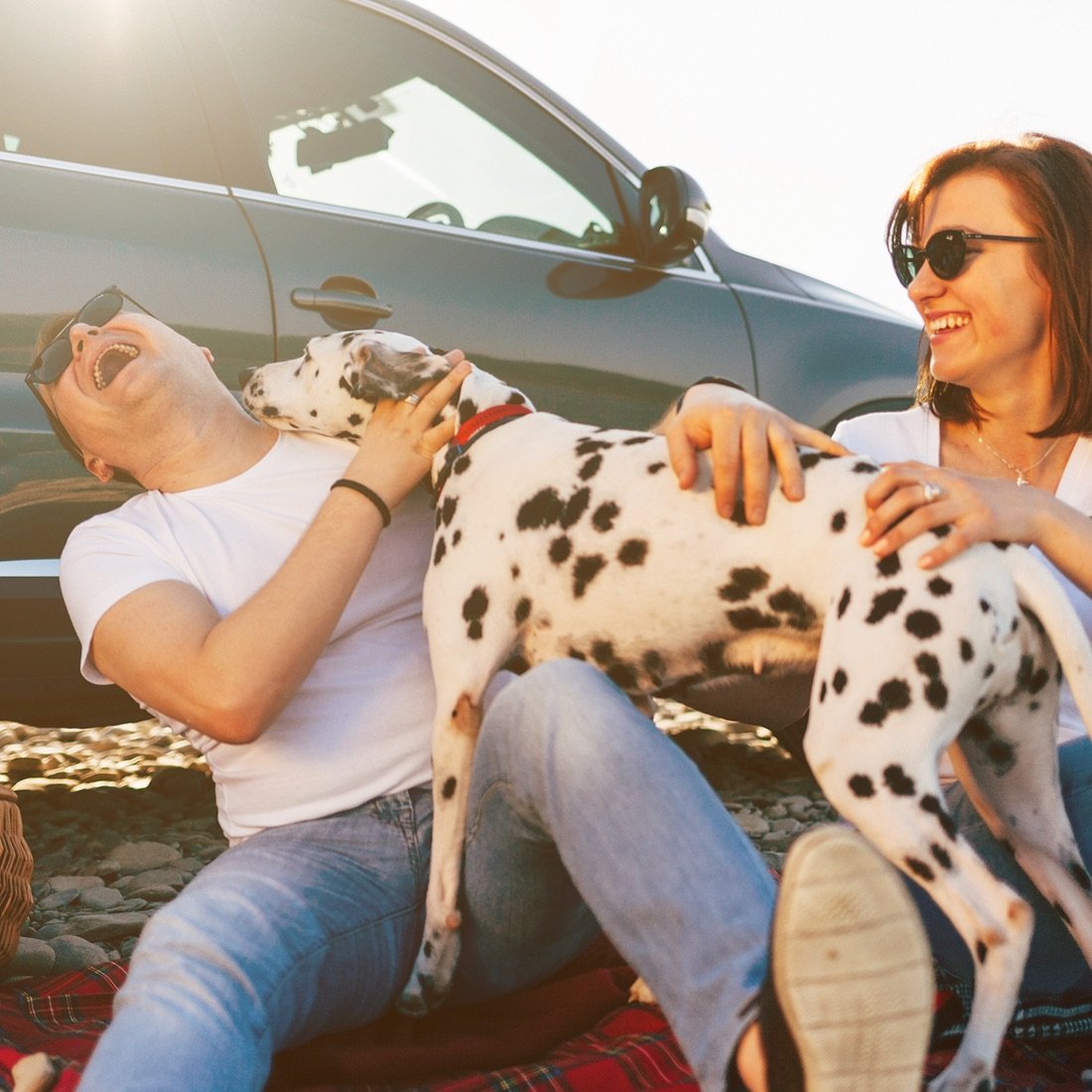 Couple with their dog in front of a new car.