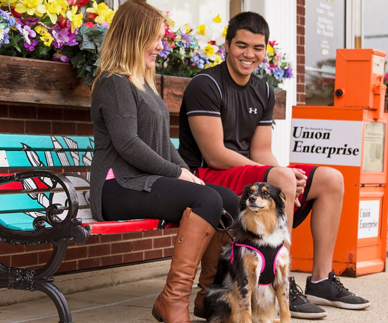 couple and dog on bench