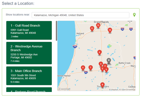 "Select a Location" screen. Provide your city, state, or zip code.