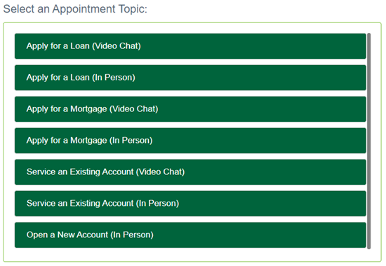 "Select an Appointment Topic" scheduling screen.