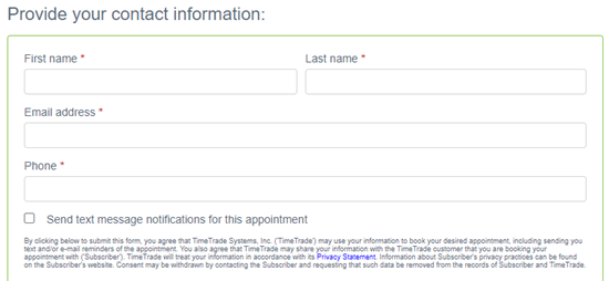 "Provide your contact information" scheduling screen.