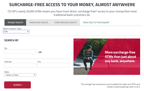 The Locator Feature on the CO-OP website allows ATMs to be found through a simple, advanced, or international search.